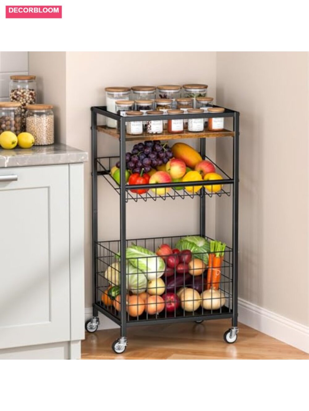 3-Tier Rolling Storage Cart Wood Top Kitchen Organizer Utility Cart